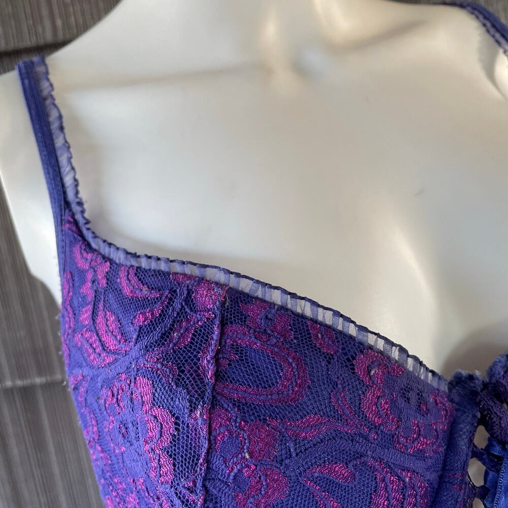 🔥Vintage Y2K Frederic Of Hollywood Purple Lace Babydoll Lace Up Coquette Dainty - Picture 9 of 16